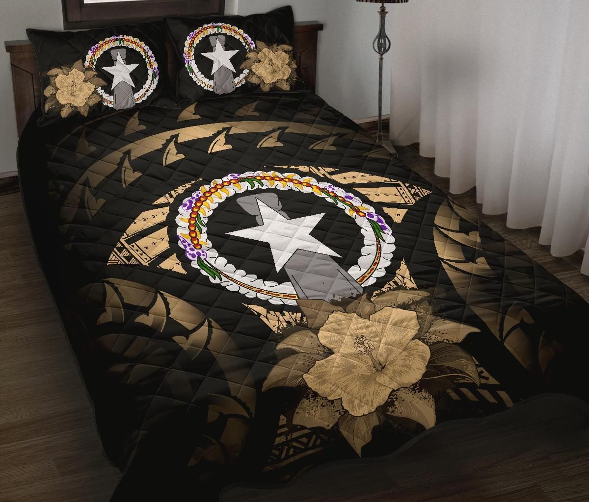 Northern Mariana Islands Polynesian Quilt Bed Set Hibiscus Gold