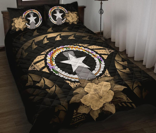 Northern Mariana Islands Polynesian Quilt Bed Set Hibiscus Gold