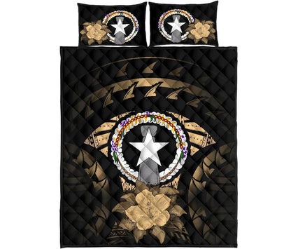 Northern Mariana Islands Polynesian Quilt Bed Set Hibiscus Gold