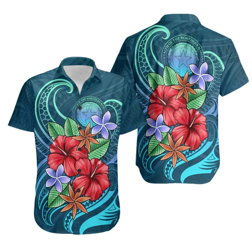 Northern Mariana Islands Short Sleeve Shirt - Blue Pattern With Tropical Flowers