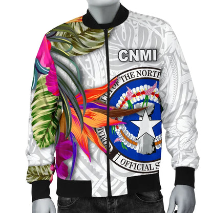 Northern Mariana Islands Bomber Jacket Polynesian Hibiscus White Pattern