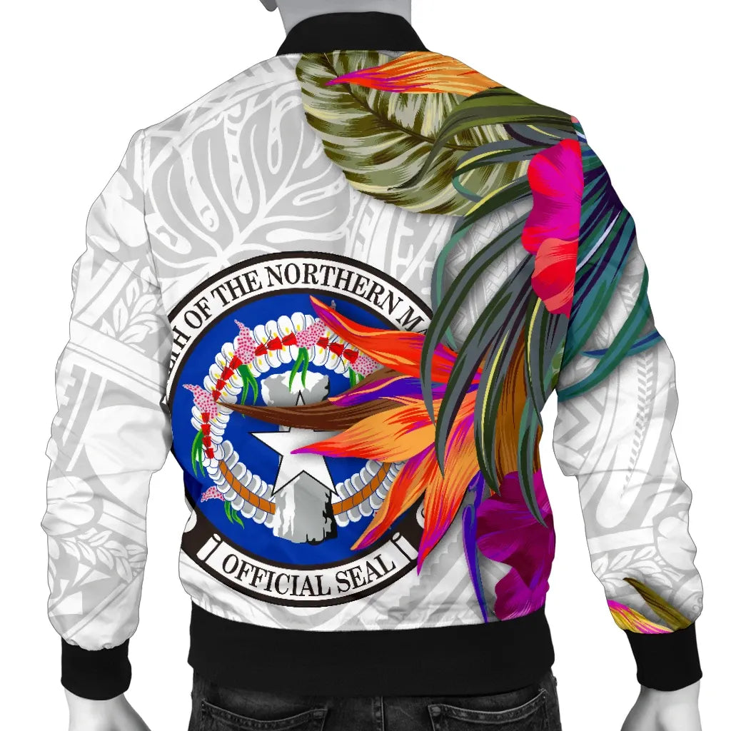 Northern Mariana Islands Bomber Jacket Polynesian Hibiscus White Pattern