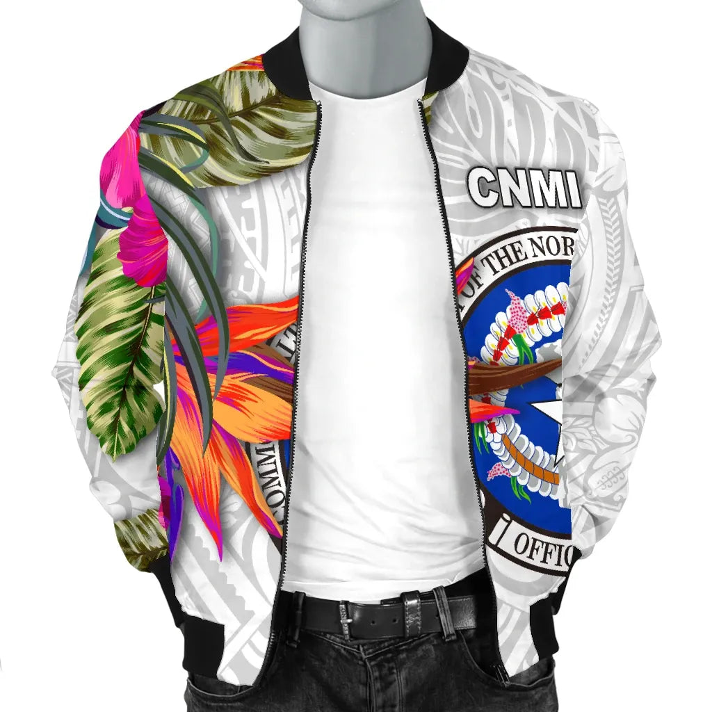 Northern Mariana Islands Bomber Jacket Polynesian Hibiscus White Pattern