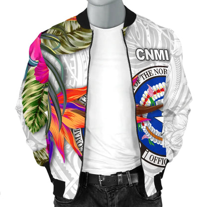Northern Mariana Islands Bomber Jacket Polynesian Hibiscus White Pattern