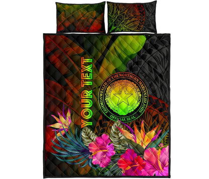 Northern Mariana Islands Personalised Quilt Bed Set - Hibiscus and Banana Leaves