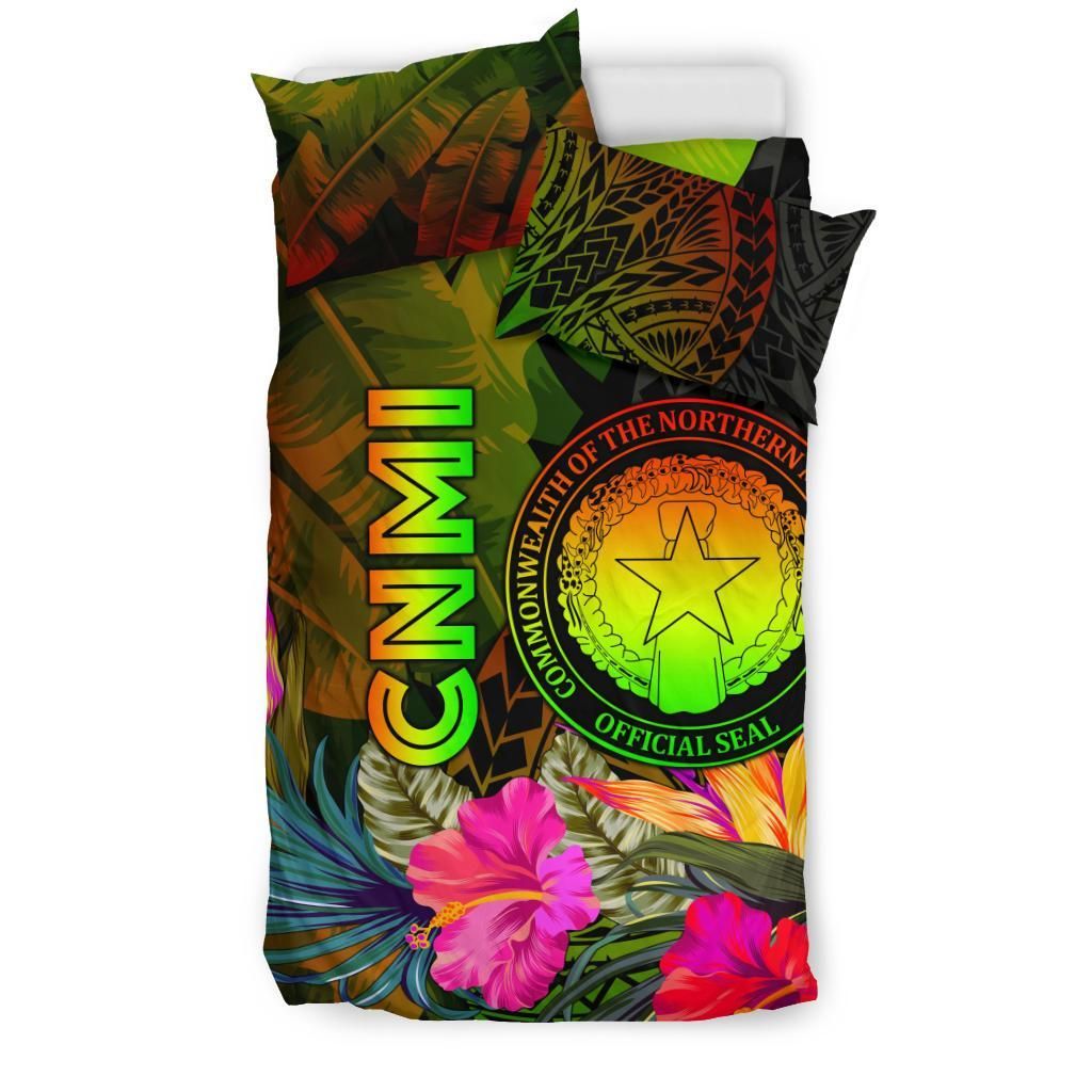 Northern Mariana Islands Polynesian Bedding Set - Hibiscus And Banana Leaves