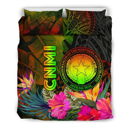 Northern Mariana Islands Polynesian Bedding Set - Hibiscus And Banana Leaves
