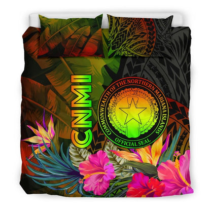 Northern Mariana Islands Polynesian Bedding Set - Hibiscus And Banana Leaves