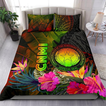 Northern Mariana Islands Polynesian Bedding Set - Hibiscus And Banana Leaves