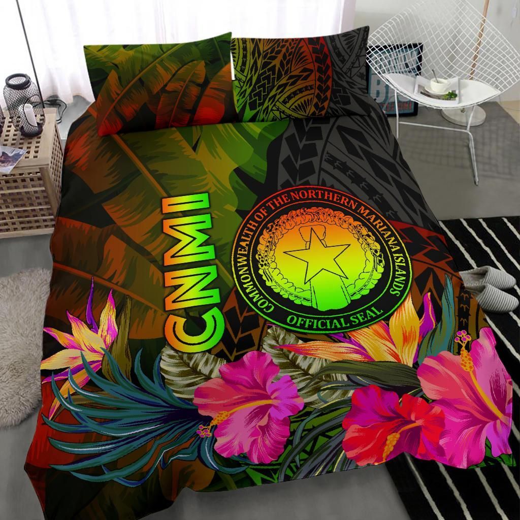 Northern Mariana Islands Polynesian Bedding Set - Hibiscus And Banana Leaves