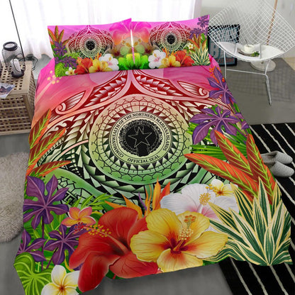 Northern Mariana Islands Polynesian Bedding Set - Manta Ray Tropical Flowers