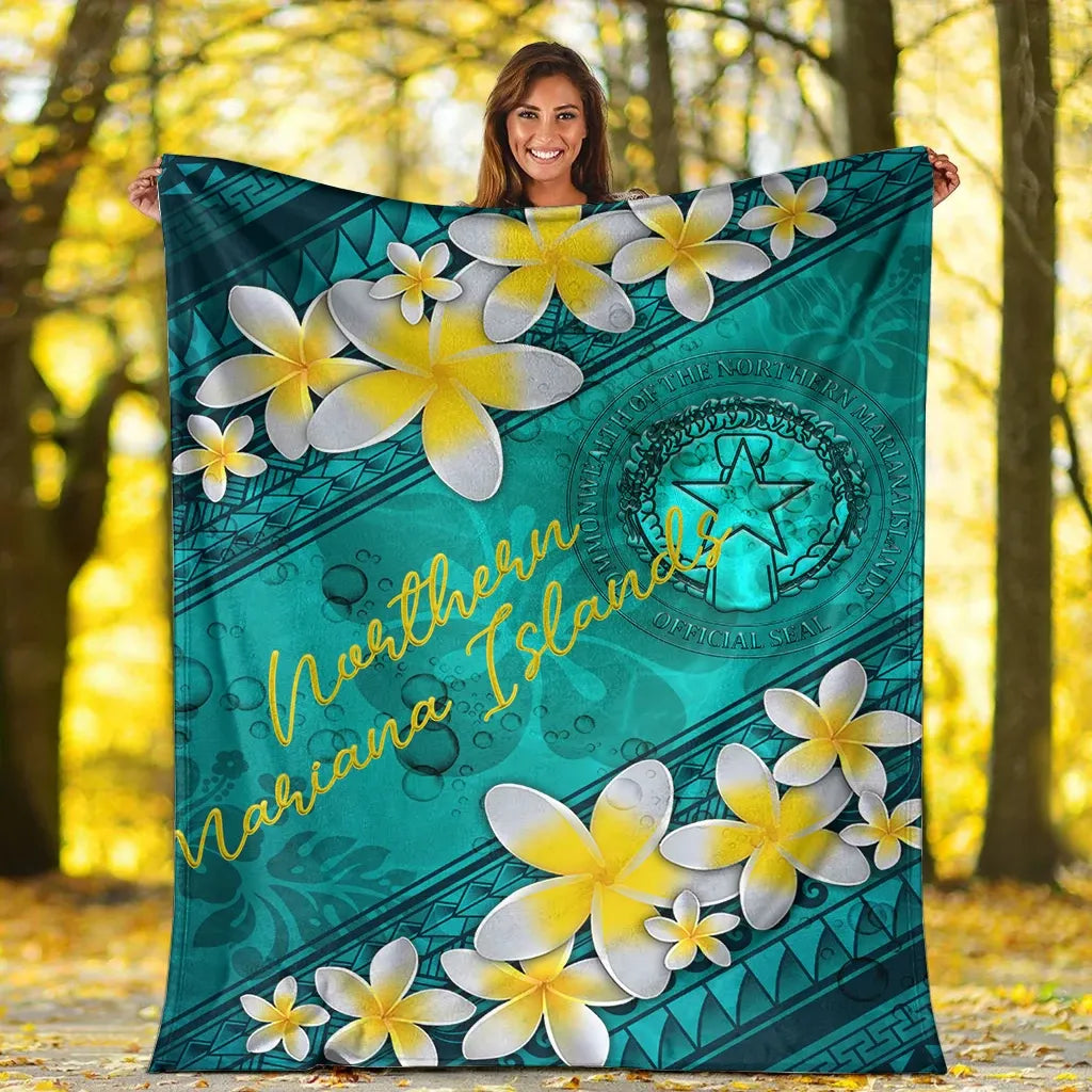 Northern Mariana Islands Polynesian Blanket - Plumeria With Blue Ocean