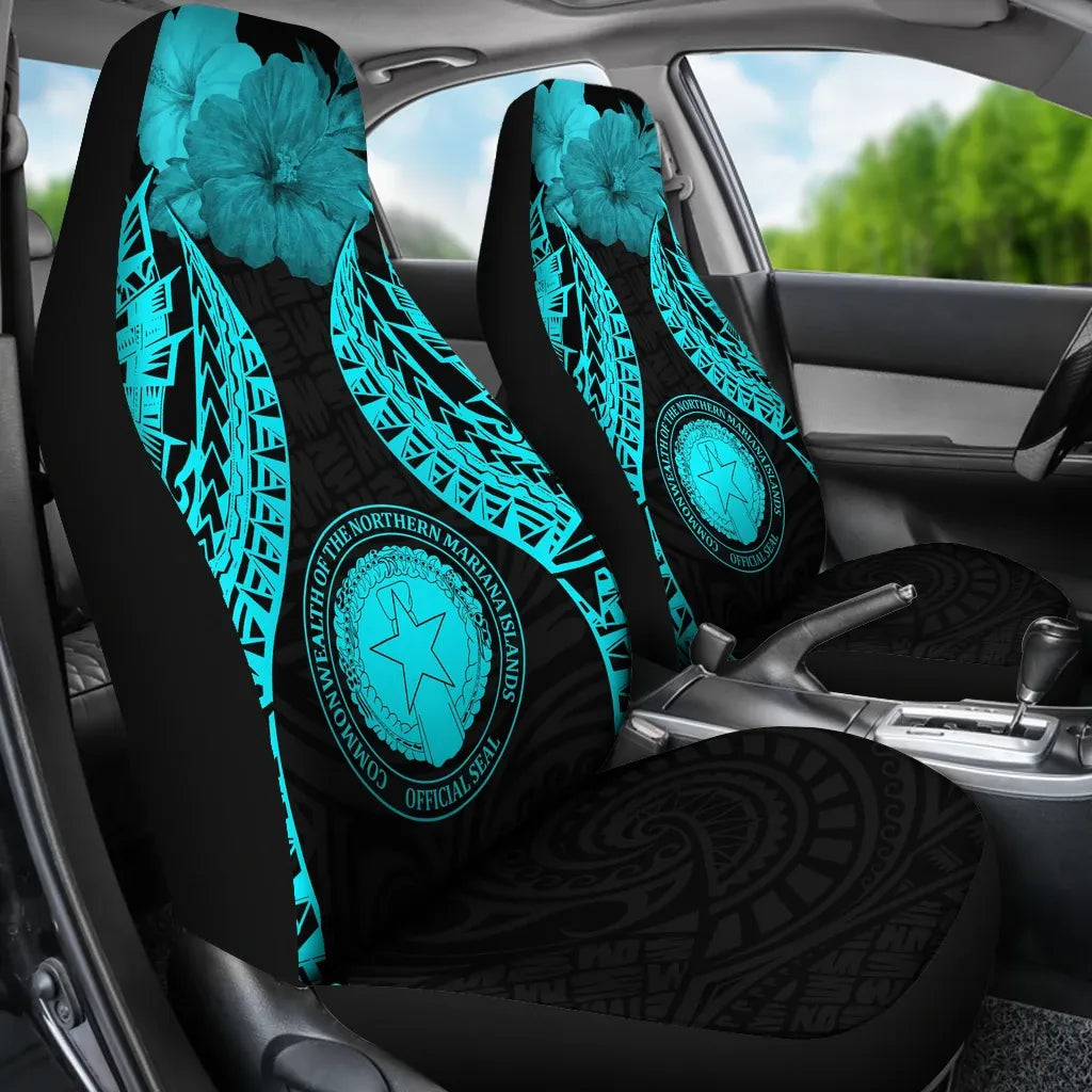 Northern Mariana Islands Polynesian Car Seat Covers Pride Seal And Hibiscus Neon Blue