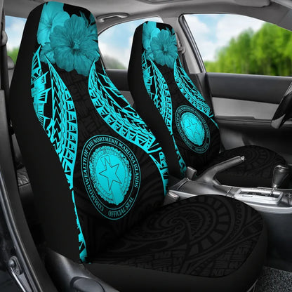 Northern Mariana Islands Polynesian Car Seat Covers Pride Seal And Hibiscus Neon Blue