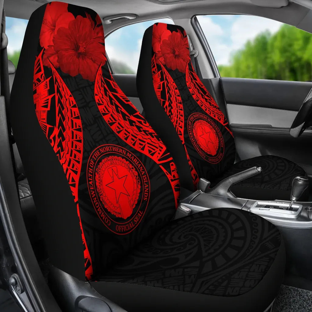 Northern Mariana Islands Polynesian Car Seat Covers Pride Seal And Hibiscus Red