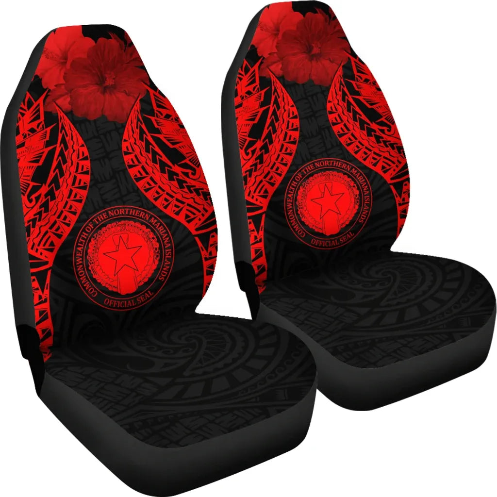 Northern Mariana Islands Polynesian Car Seat Covers Pride Seal And Hibiscus Red