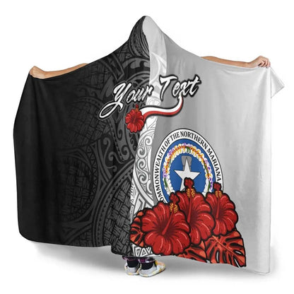 Northern Mariana Islands Polynesian Custom Personalised Hooded Blanket- Coat Of Arm With Hibiscus White
