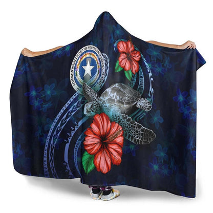 Northern Mariana Islands Polynesian Hooded Blanket - Blue Turtle Hibiscus