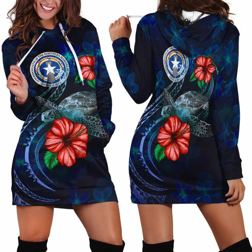 Northern Mariana Islands Polynesian Hoodie Dress - Blue Turtle Hibiscus
