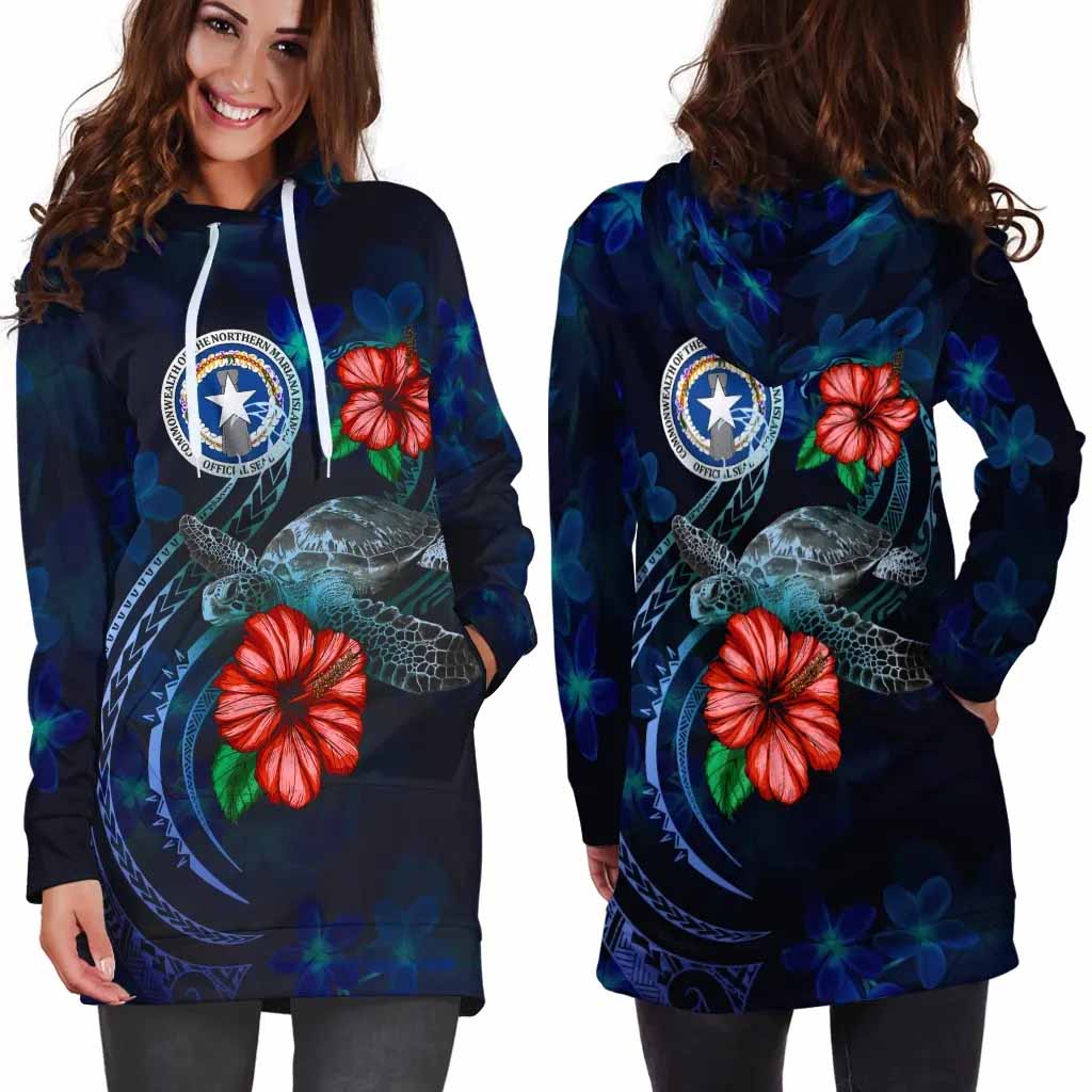 Northern Mariana Islands Polynesian Hoodie Dress - Blue Turtle Hibiscus