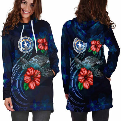 Northern Mariana Islands Polynesian Hoodie Dress - Blue Turtle Hibiscus