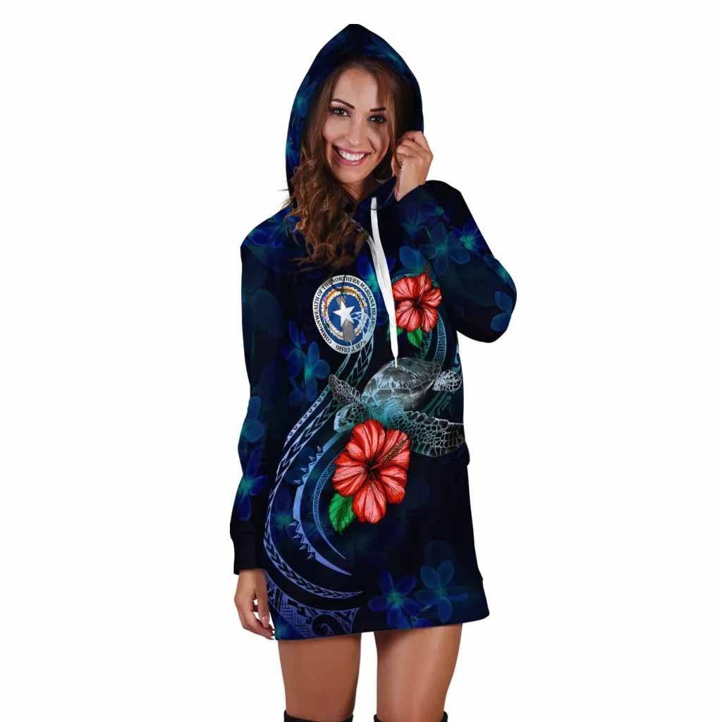 Northern Mariana Islands Polynesian Hoodie Dress - Blue Turtle Hibiscus