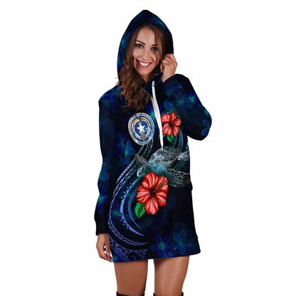 Northern Mariana Islands Polynesian Hoodie Dress - Blue Turtle Hibiscus