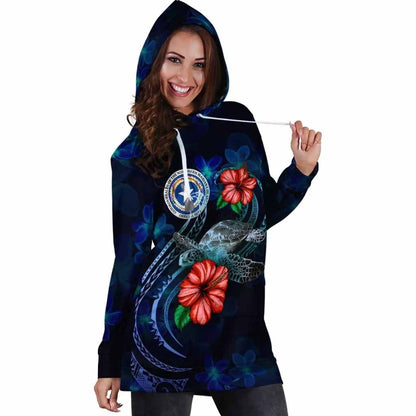 Northern Mariana Islands Polynesian Hoodie Dress - Blue Turtle Hibiscus