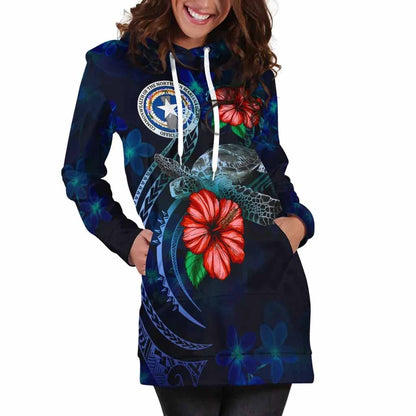 Northern Mariana Islands Polynesian Hoodie Dress - Blue Turtle Hibiscus