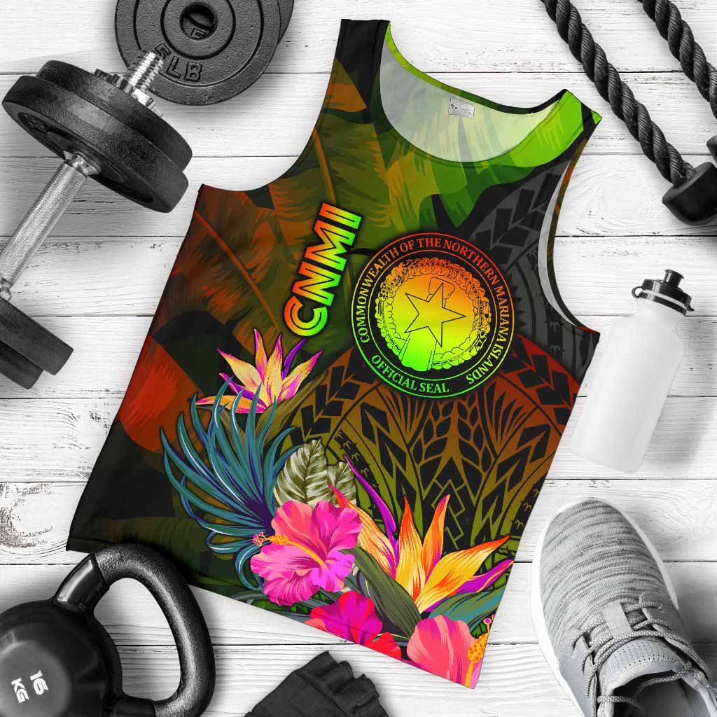 Northern Mariana Islands Polynesian Men Tank Top - Hibiscus and Banana Leaves