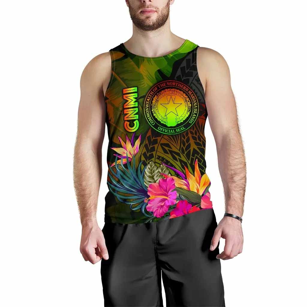 Northern Mariana Islands Polynesian Men Tank Top - Hibiscus and Banana Leaves