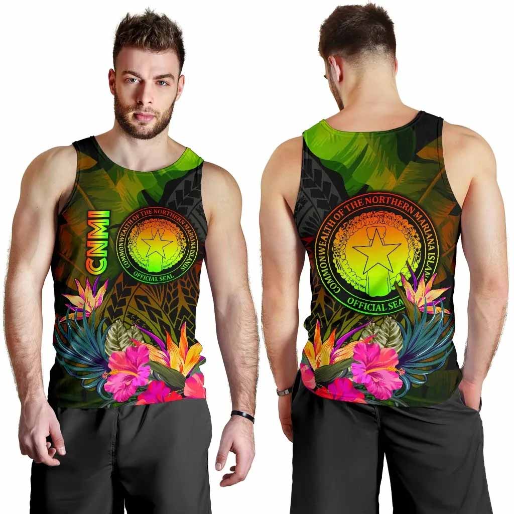 Northern Mariana Islands Polynesian Men Tank Top - Hibiscus and Banana Leaves