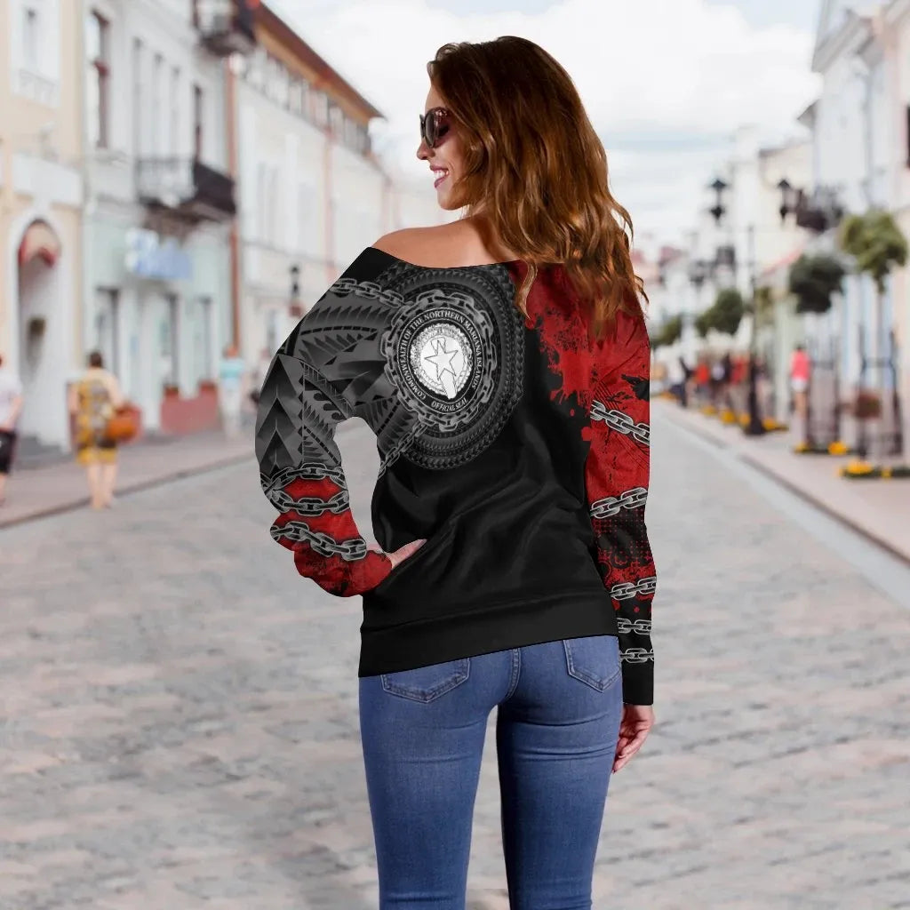 Northern Mariana Islands Polynesian Personalised Women Off Shoulder Sweater - Polynesian Chain Style