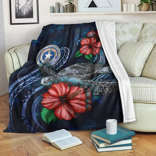 Northern Mariana Islands Polynesian Premium Blanket - Blue Turtle Hibiscus