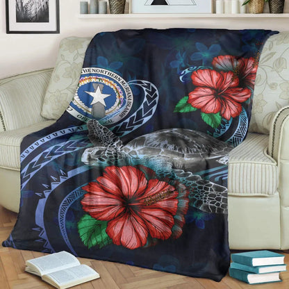 Northern Mariana Islands Polynesian Premium Blanket - Blue Turtle Hibiscus