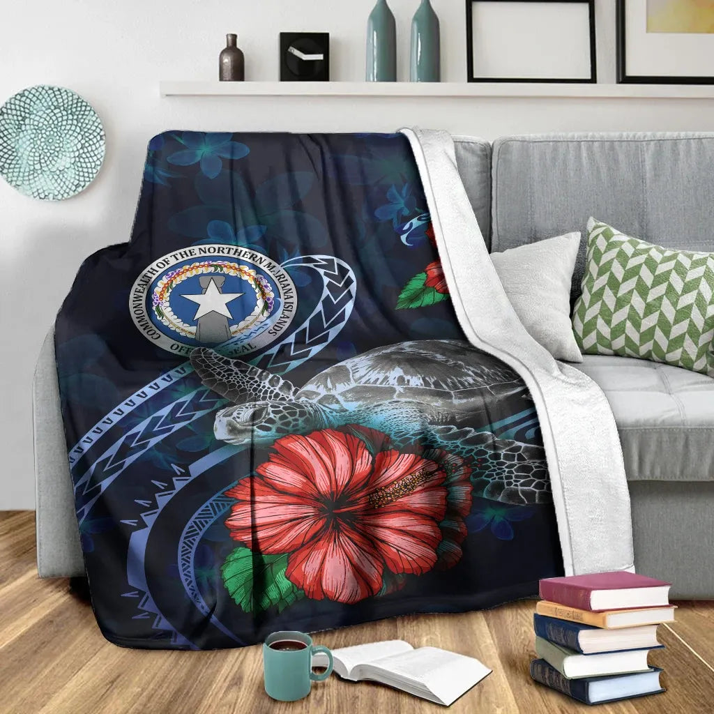 Northern Mariana Islands Polynesian Premium Blanket - Blue Turtle Hibiscus