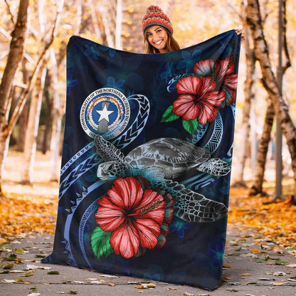 Northern Mariana Islands Polynesian Premium Blanket - Blue Turtle Hibiscus