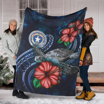 Northern Mariana Islands Polynesian Premium Blanket - Blue Turtle Hibiscus