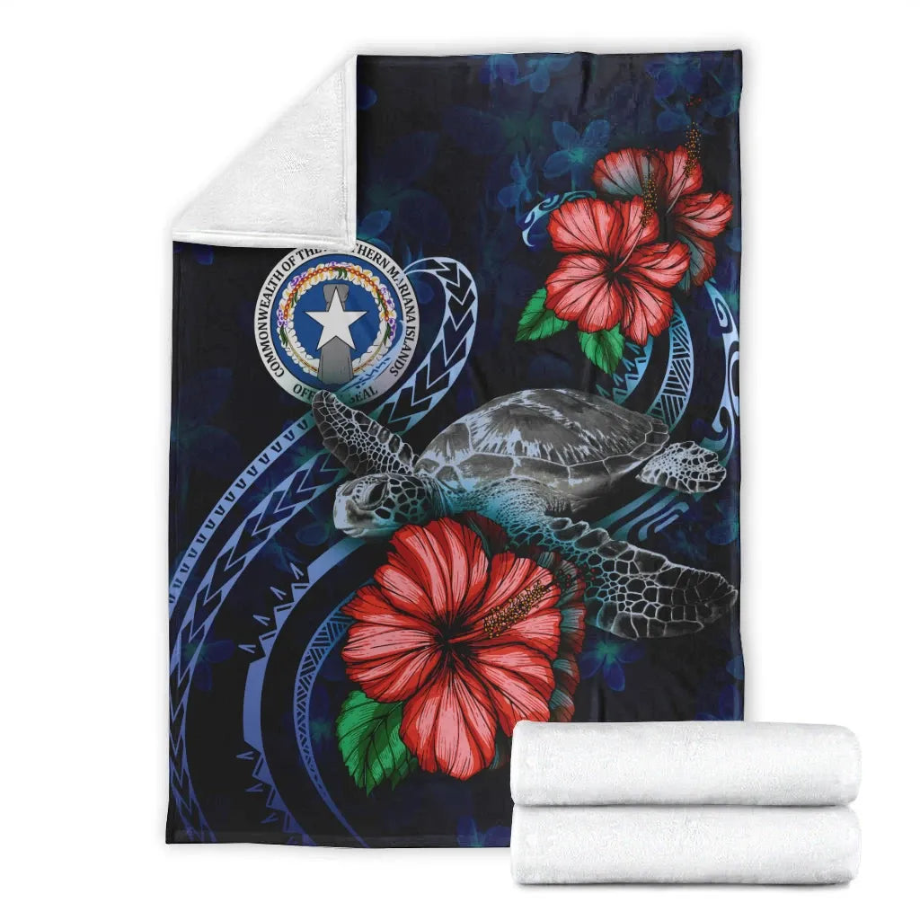 Northern Mariana Islands Polynesian Premium Blanket - Blue Turtle Hibiscus