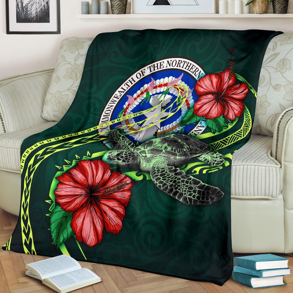 Northern Mariana Islands Polynesian Premium Blanket - Green Turtle Hibiscus
