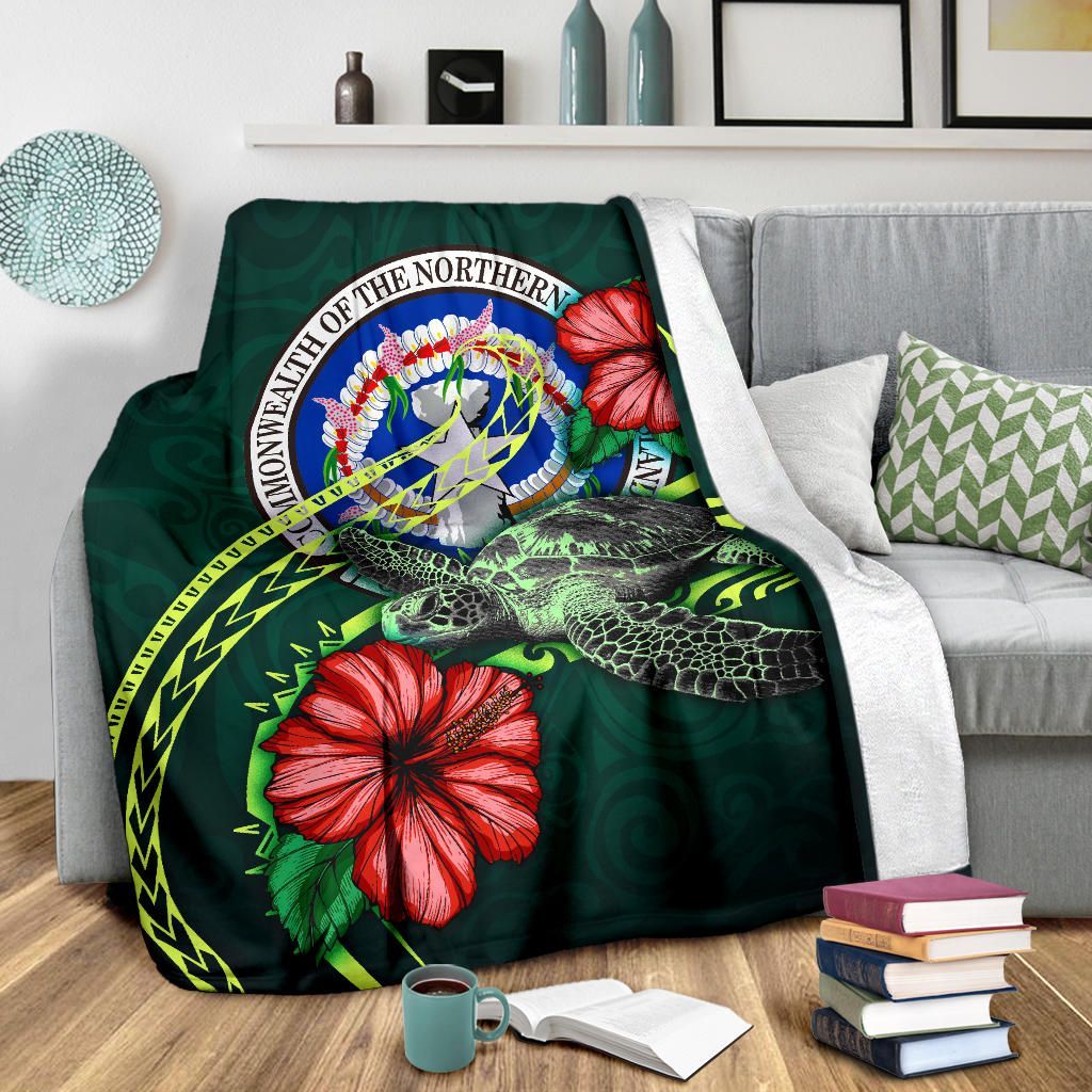 Northern Mariana Islands Polynesian Premium Blanket - Green Turtle Hibiscus