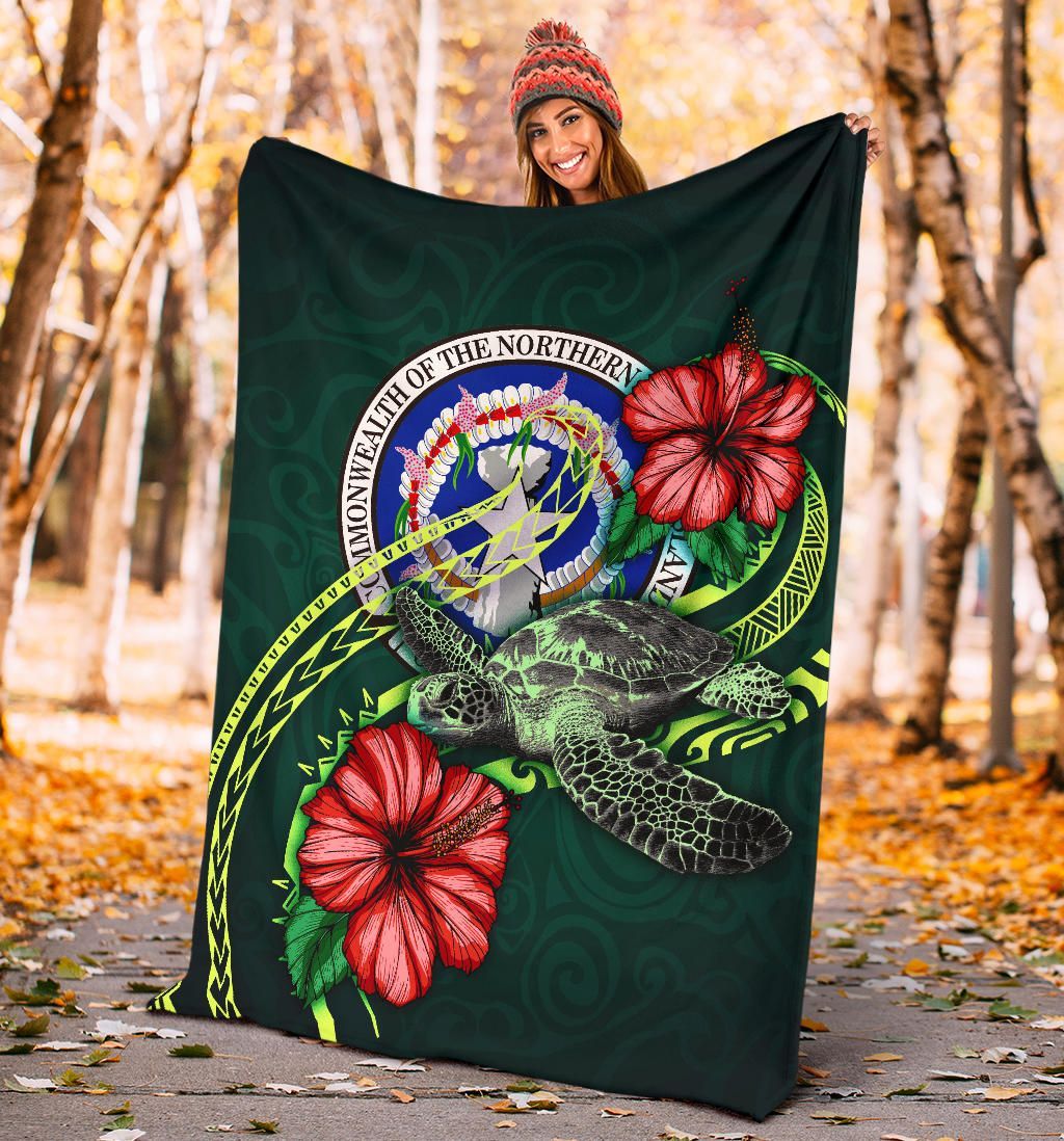 Northern Mariana Islands Polynesian Premium Blanket - Green Turtle Hibiscus