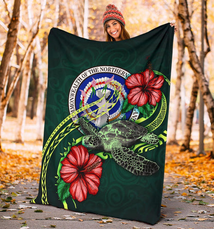 Northern Mariana Islands Polynesian Premium Blanket - Green Turtle Hibiscus
