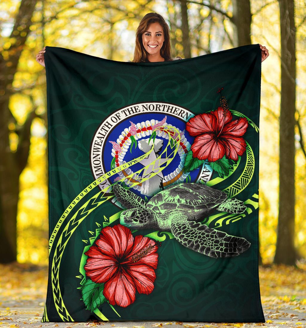Northern Mariana Islands Polynesian Premium Blanket - Green Turtle Hibiscus