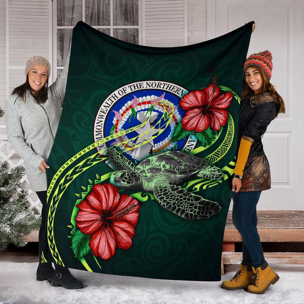 Northern Mariana Islands Polynesian Premium Blanket - Green Turtle Hibiscus
