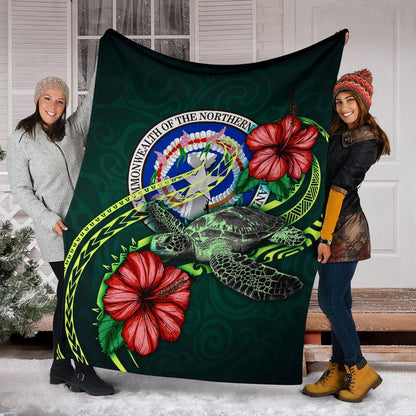 Northern Mariana Islands Polynesian Premium Blanket - Green Turtle Hibiscus