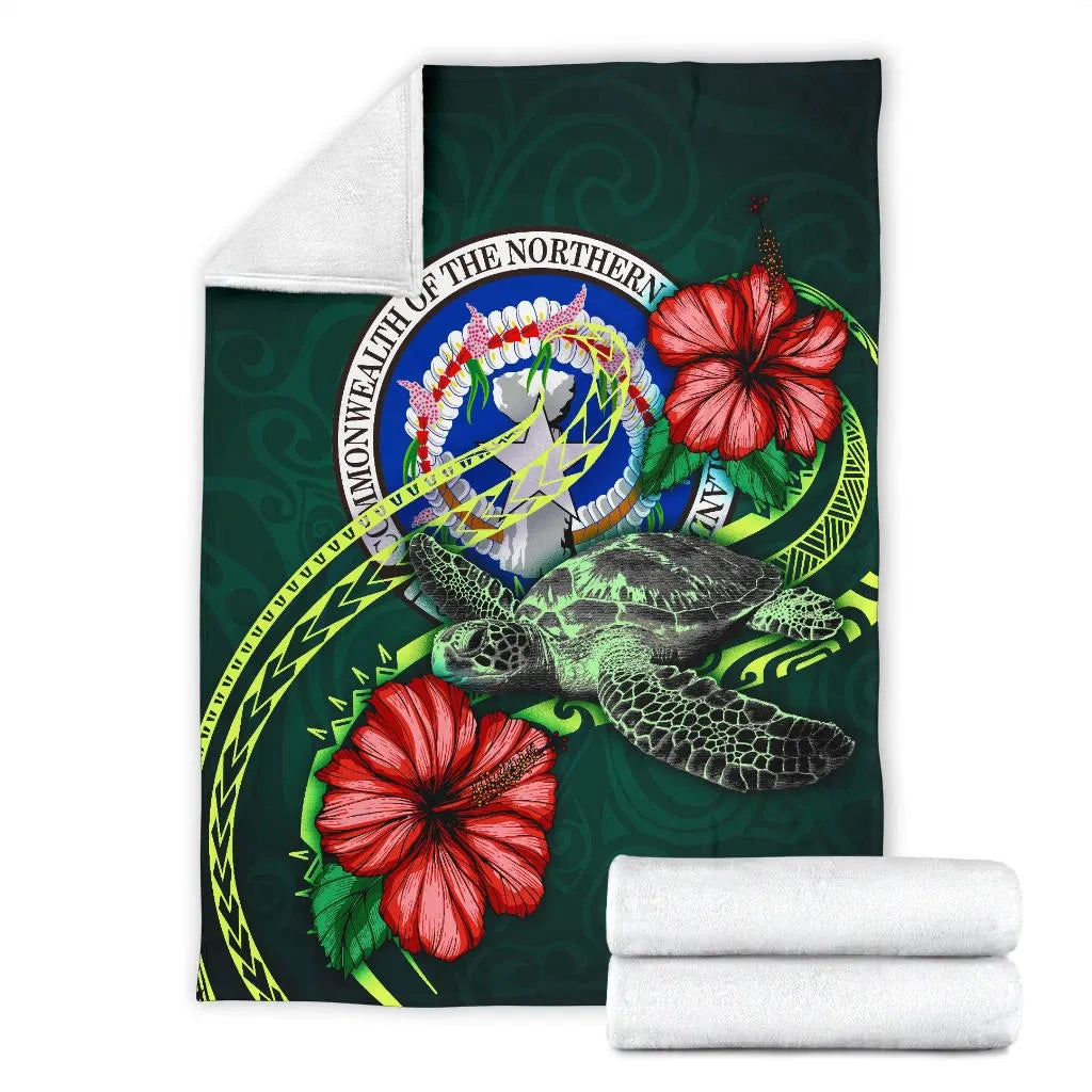 Northern Mariana Islands Polynesian Premium Blanket - Green Turtle Hibiscus