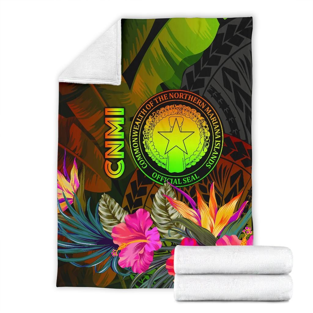 Northern Mariana Islands Polynesian Premium Blanket - Hibiscus and Banana Leaves