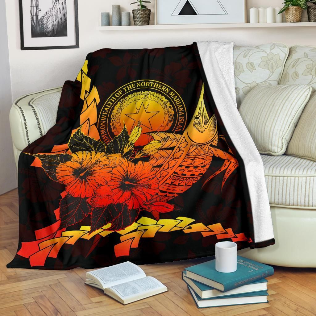 Northern Mariana Islands Polynesian Premium Blanket - Swordfish With Hibiscus