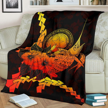 Northern Mariana Islands Polynesian Premium Blanket - Swordfish With Hibiscus